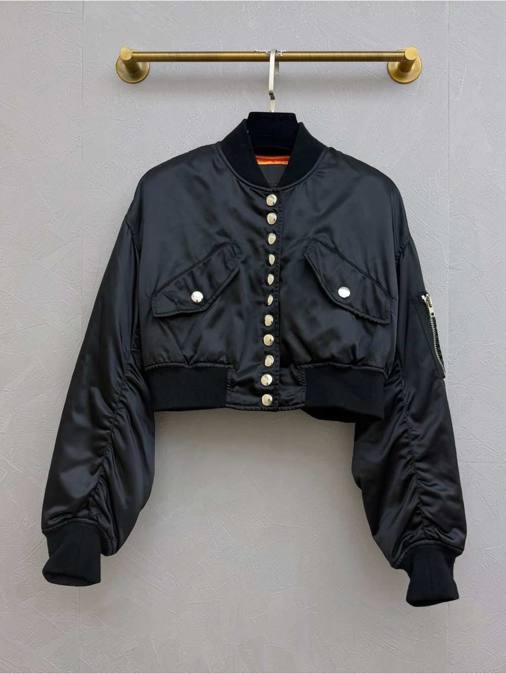 🚩steal Alexander Wang Black Cropped Satin Bomber Jacket with Silver Buttons
